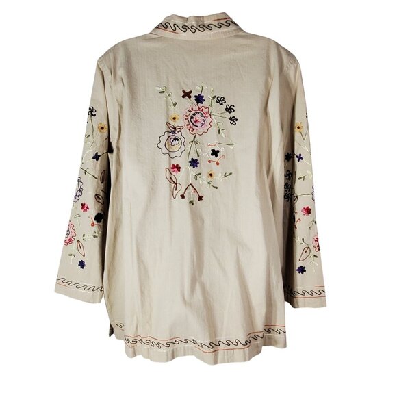 Denim & Co. Womens Beige Embroidered Button Shirt Jacket 1X Floral Long Sleeve - Picture 3 of 14